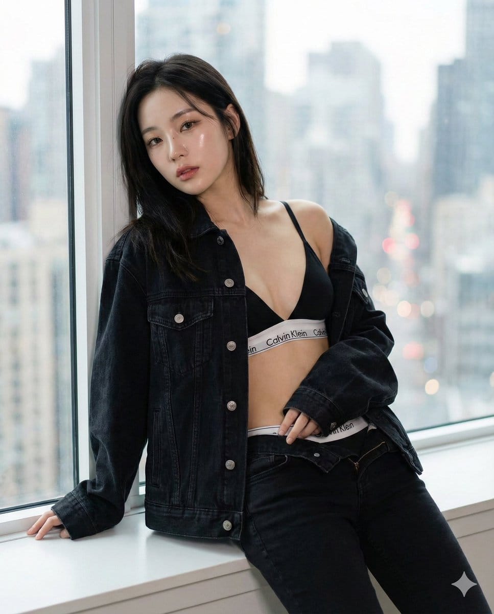 K-Pop Idol Editorial: Glass Skin and Denim in City Setting - AI 프롬프트