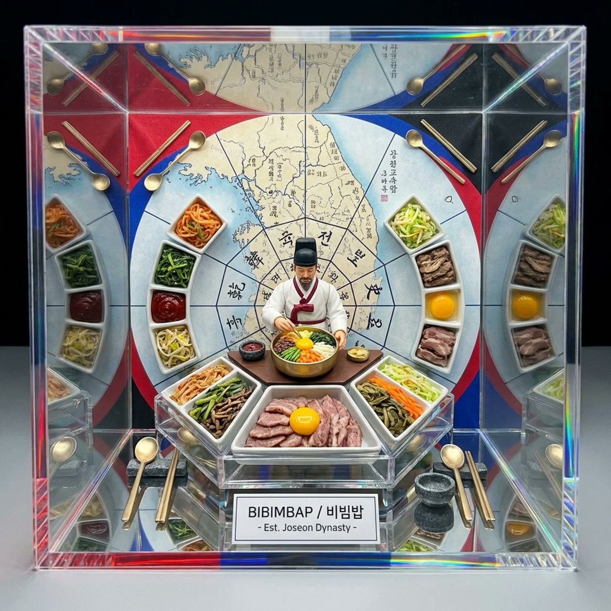 Preview image for Kaleidoscopic Food Diorama in Acrylic Box prompt