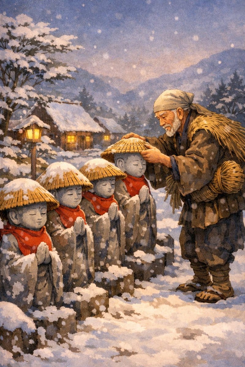 Kasa Jizo Folktale Illustration Prompt - AI Generated AI Art Style Image Example