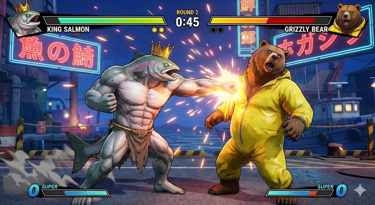 Preview image for King Salmon vs Grizzly Bear Battle prompt