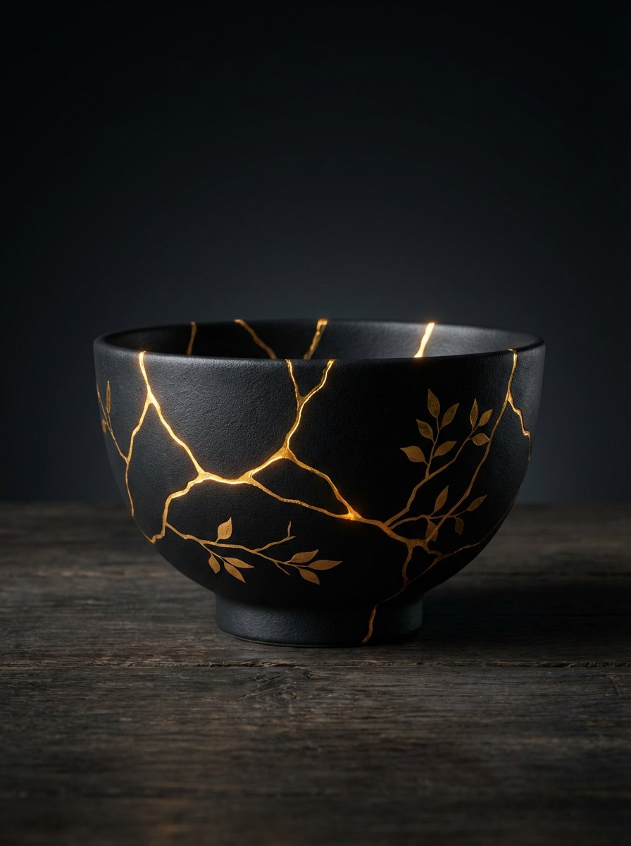 Kintsugi Black Ceramic Plate with Gold Decoration