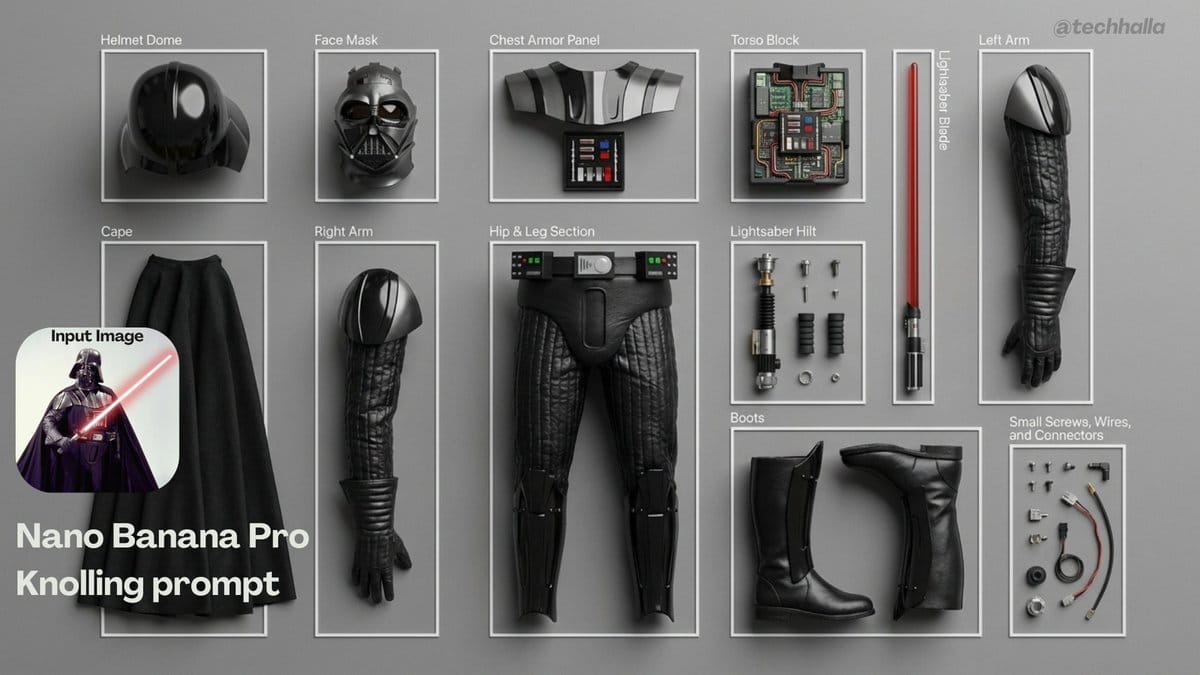 Knolling-style exploded flat-lay photo - AI Prompt