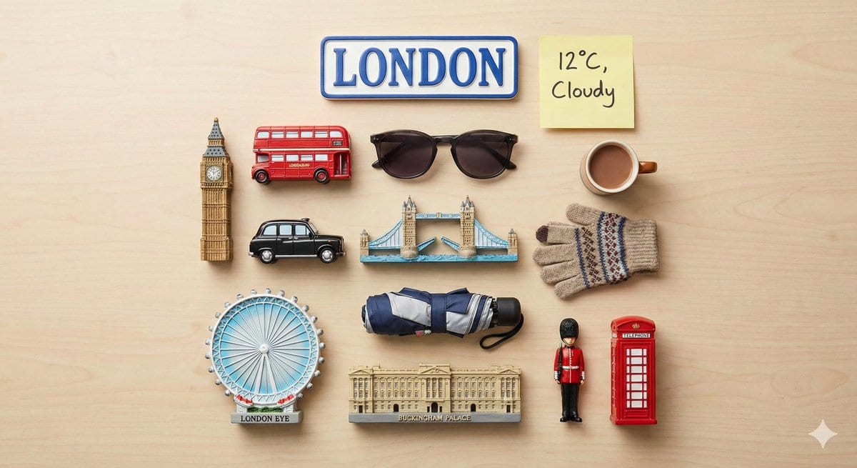 Knolling Flatlay of City Landmark Magnets - نص توجيهي للذكاء الاصطناعي