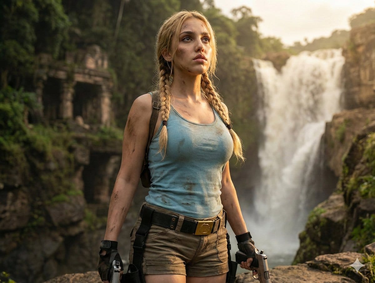 Lara Croft Inspired Action Editorial Portrait - AI 프롬프트
