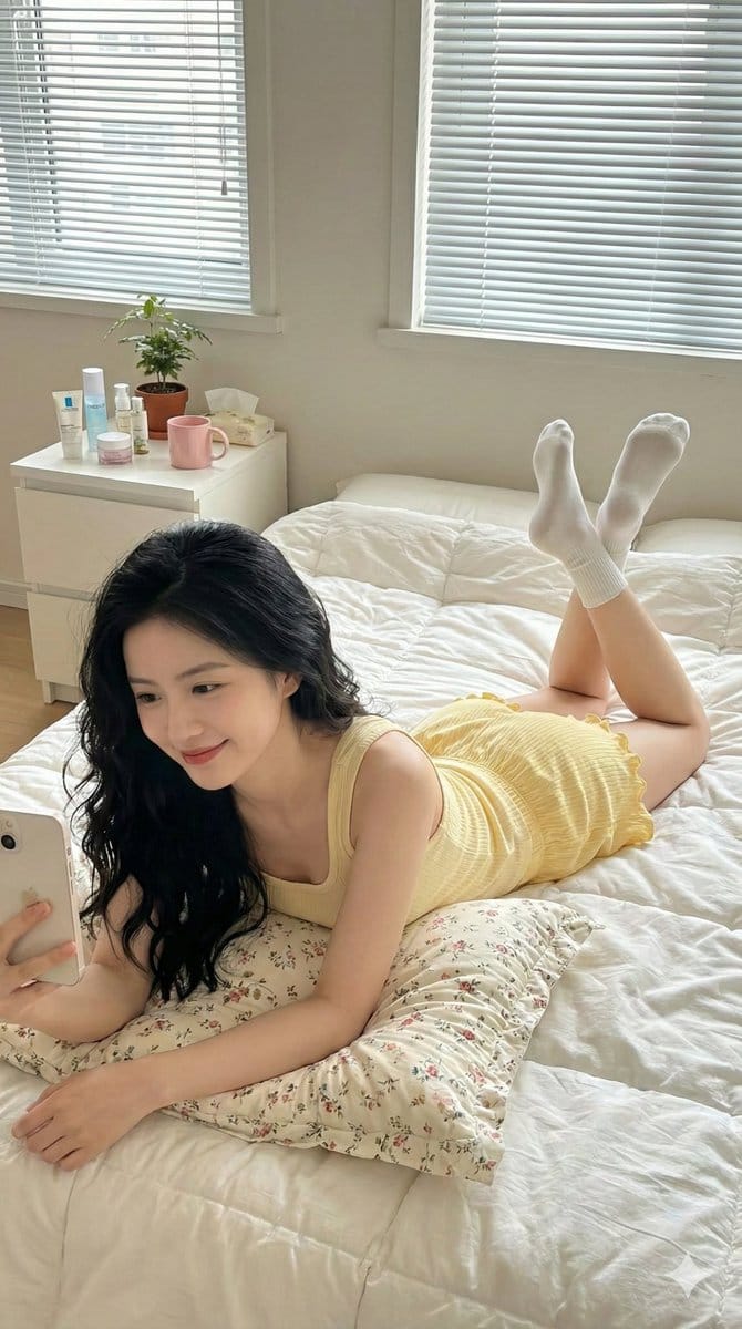 Lazy Bedroom Selfie Prompt (Lying Prone) - AI Generated AI Art Style Image Example