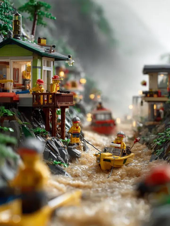 LEGO Mountain Flood Rescue Scene Prompt - AI Generated Landscape Style Image