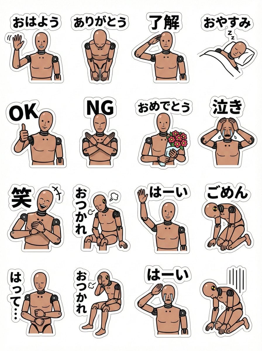 LINE sticker sheet for standing doll character (Japanese) - AI Generated Character Style Image Example