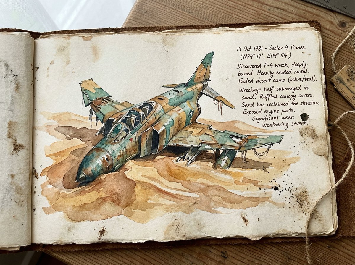 Loose Watercolor of a Half-Buried Fighter Jet in Desert Dunes - AI Art AI Generated Artwork
