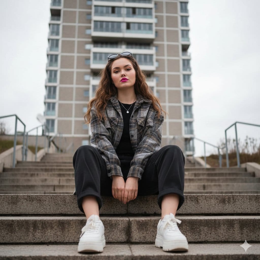 Low-Angle Full-Body Portrait on Concrete Steps - AI Generated Character Style Image Example