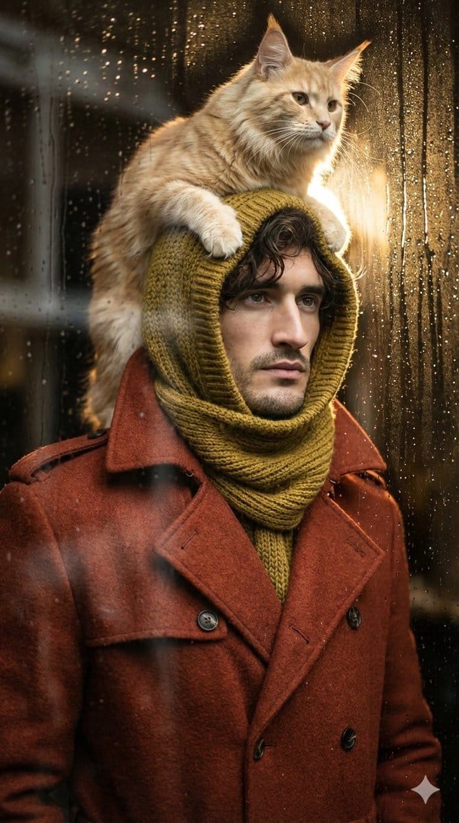 Low-angle man with hood scarf and cat on head - AI Generated Character Style Image Example