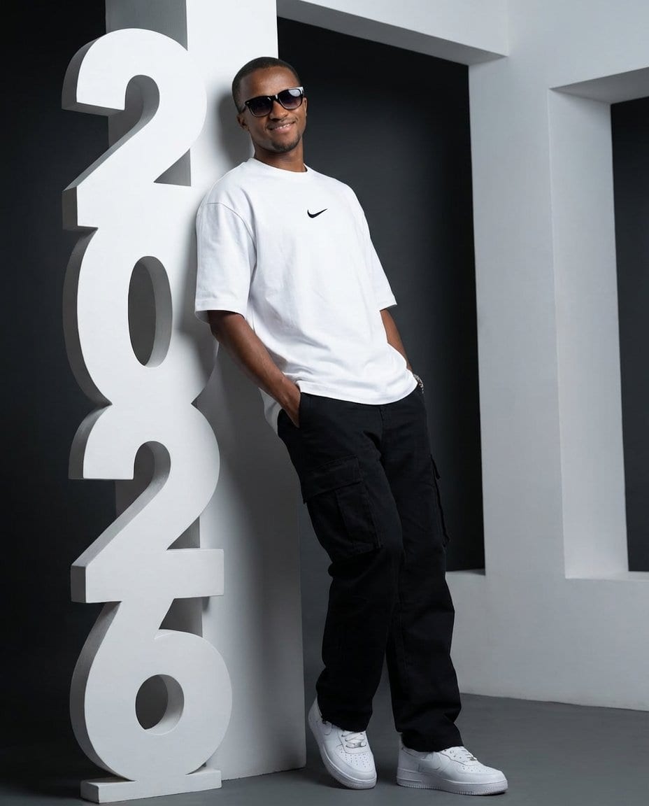 Low-Angle Streetwear Portrait with Architectural Text - AI提示詞