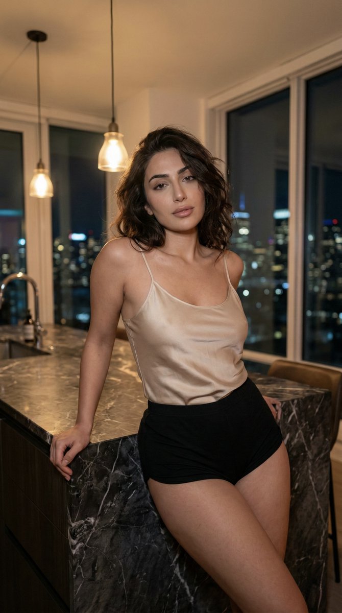 Preview image for Low-Light Kitchen Portrait (Persian/Middle Eastern) prompt