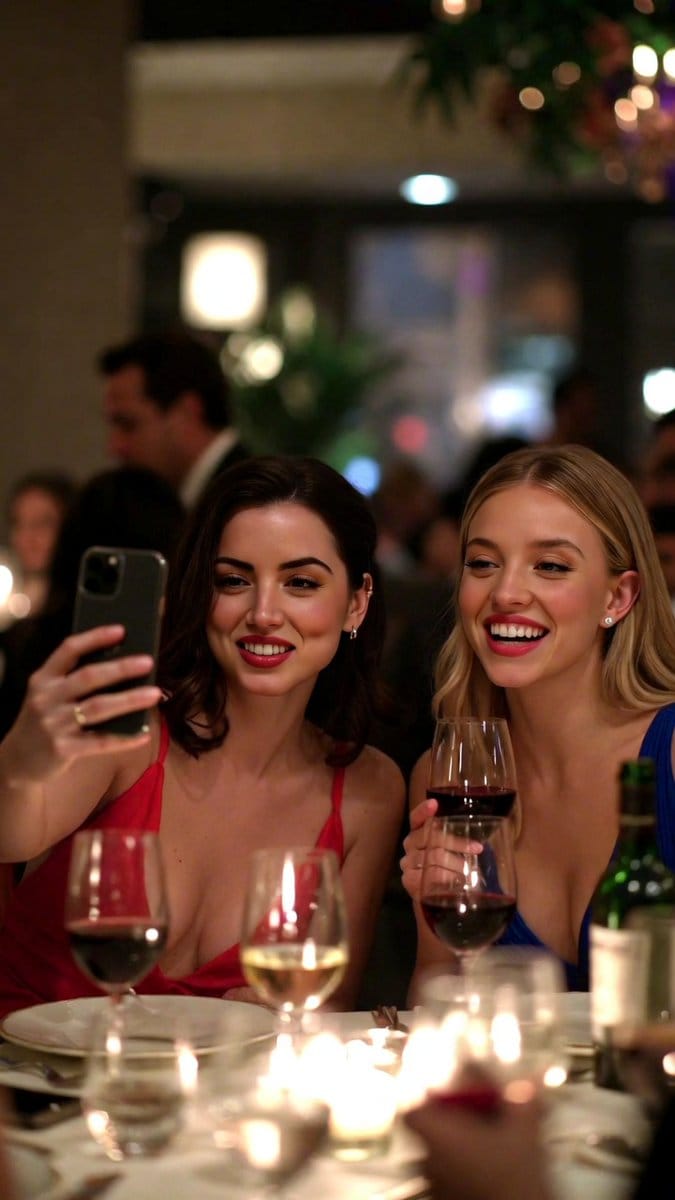 Low-Quality Smartphone Selfie of Ana de Armas and Sydney Sweeney - AI Generated AI Art Style Image Example