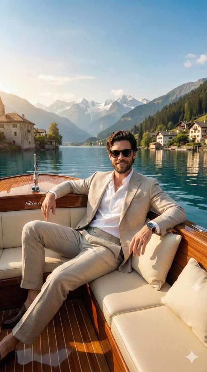 Luxury Boat Alpine Lake Editorial Photo Prompt - KI-Prompt