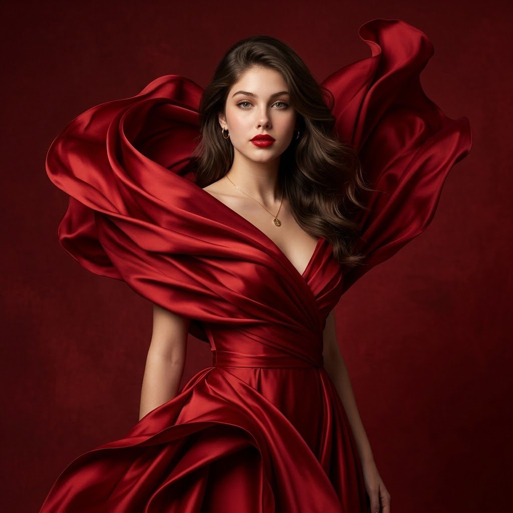 Preview image for Luxury Crimson Silk Gown Portrait prompt