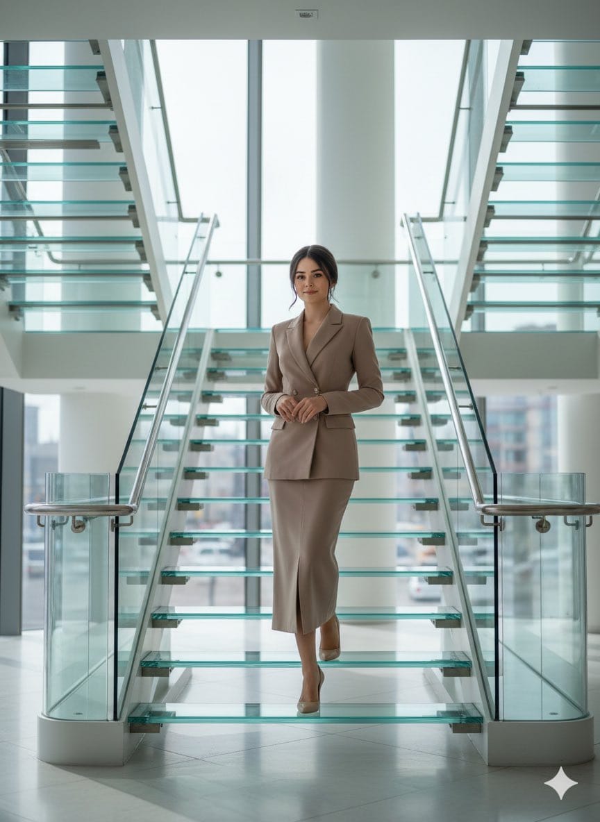 Luxury editorial portrait of a woman on a glass staircase
