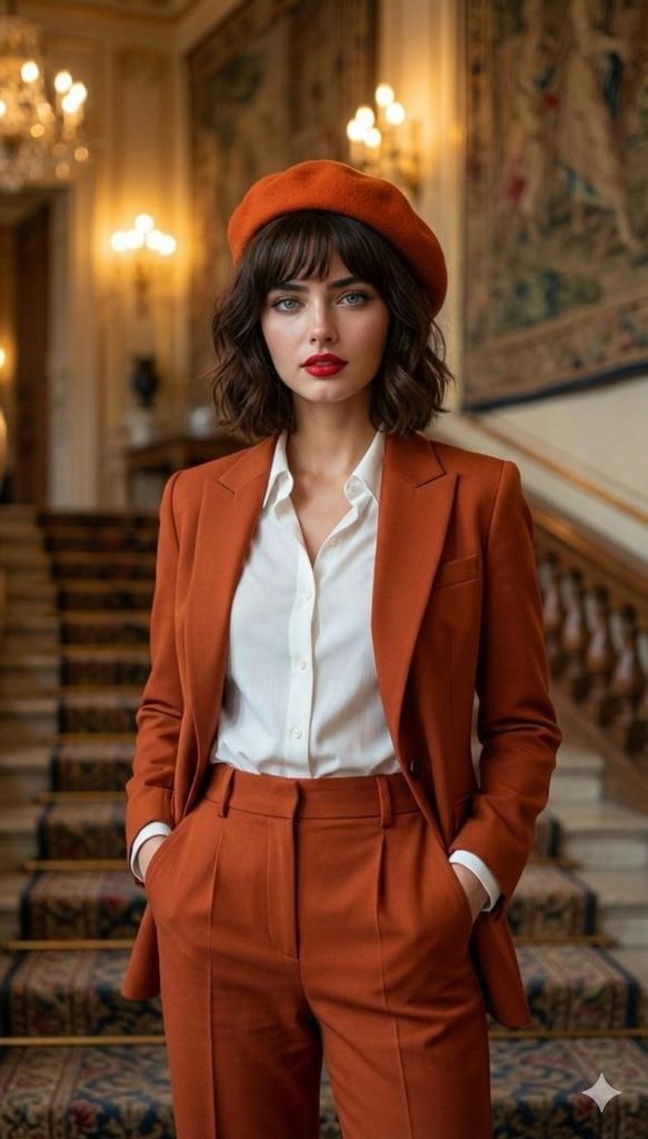 Luxury Fashion Portrait in Burnt Orange Suit - AI Generated Character Style Image Example