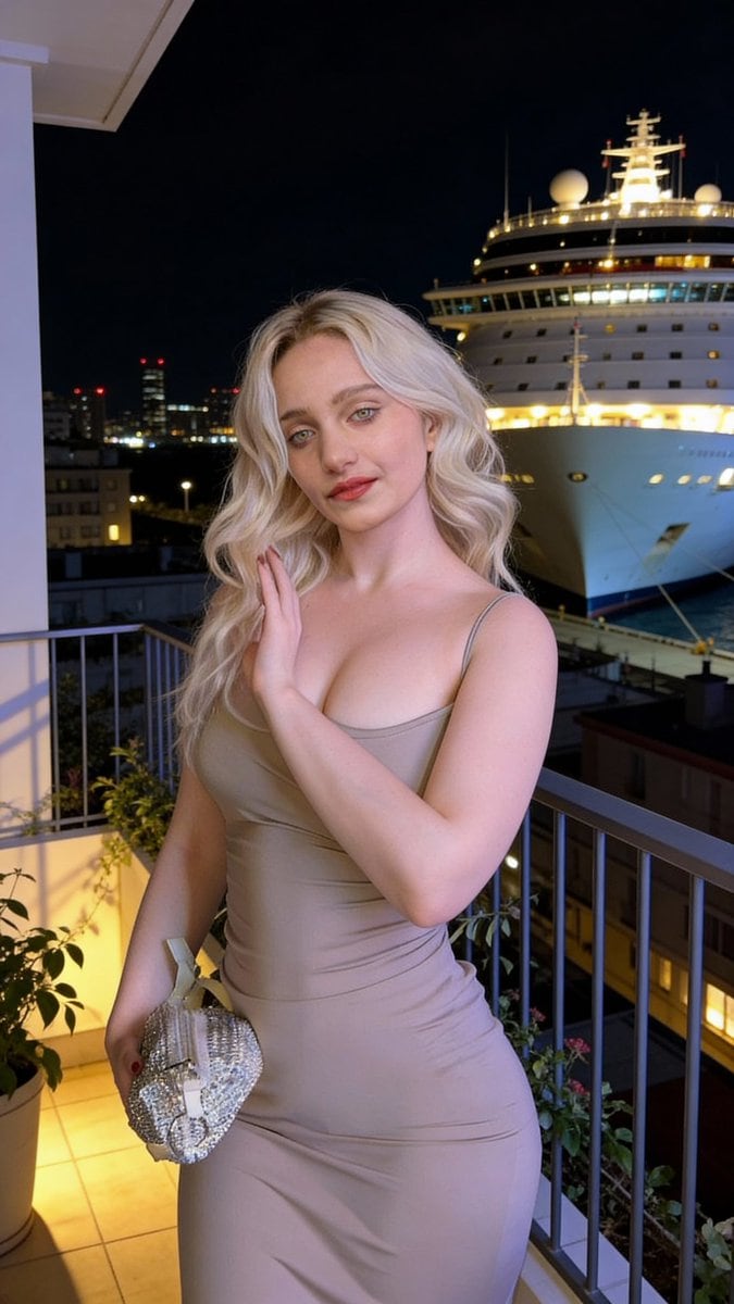 Luxury Nighttime Balcony Portrait with Harbor View - AI Generated Character Style Image Example
