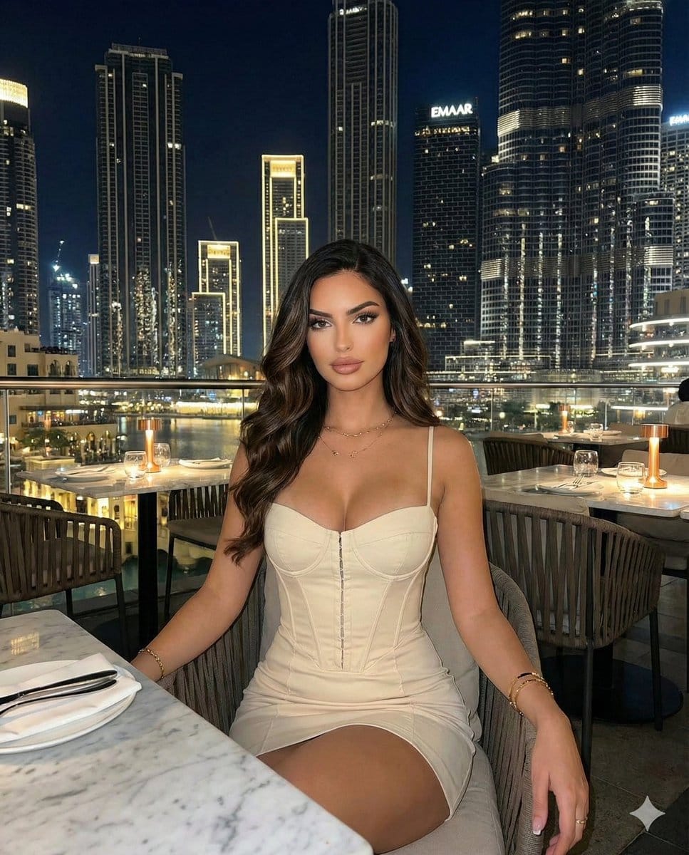 Luxury Rooftop Restaurant Portrait at Night (Dubai Aesthetic) - AI Generated Character Style Image Example