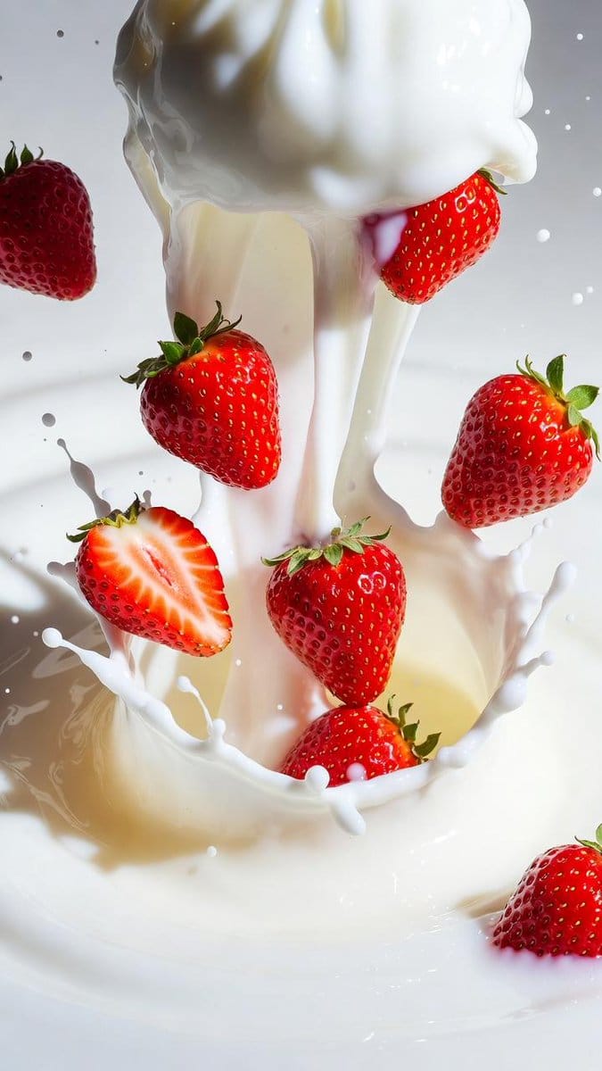 Macro Shot of Strawberries Falling into Milk - AI Generated Realistic Style Image Example
