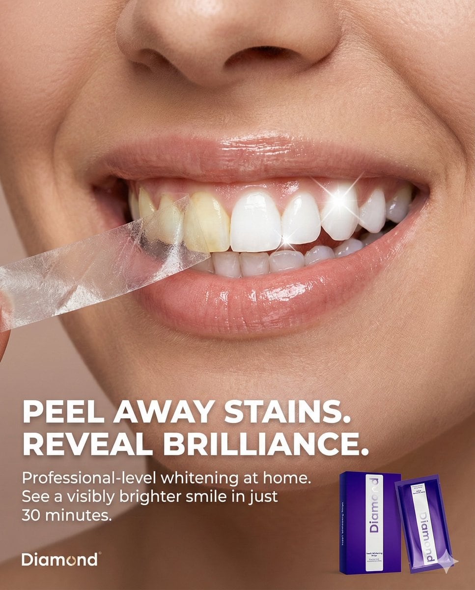 Macro Beauty Ad for Teeth Whitening Strips with Peeling Effect - KI-Prompt