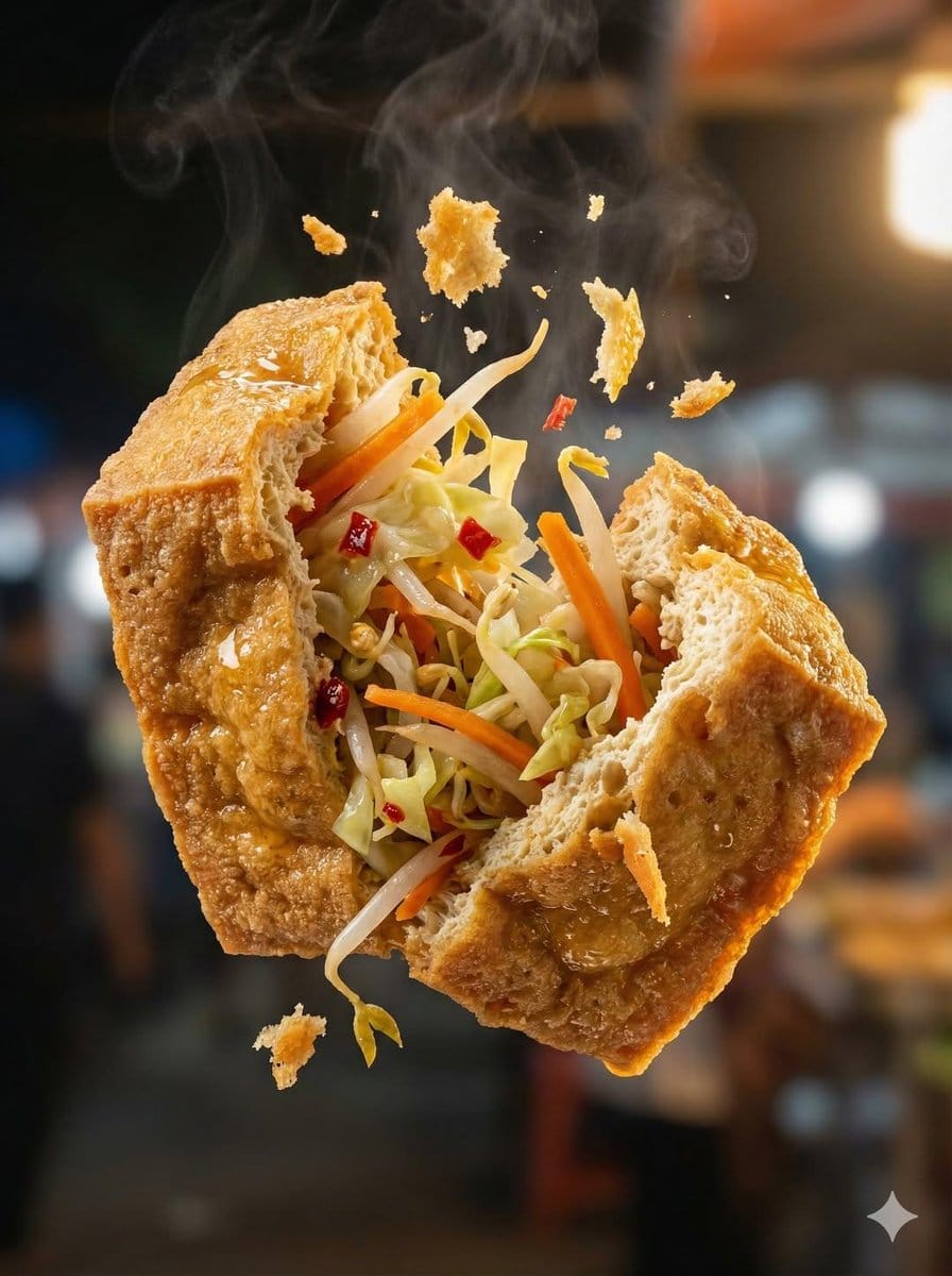Macro Food Photography of Tearing Martabak Telur - AI Generated Realistic Style Image Example