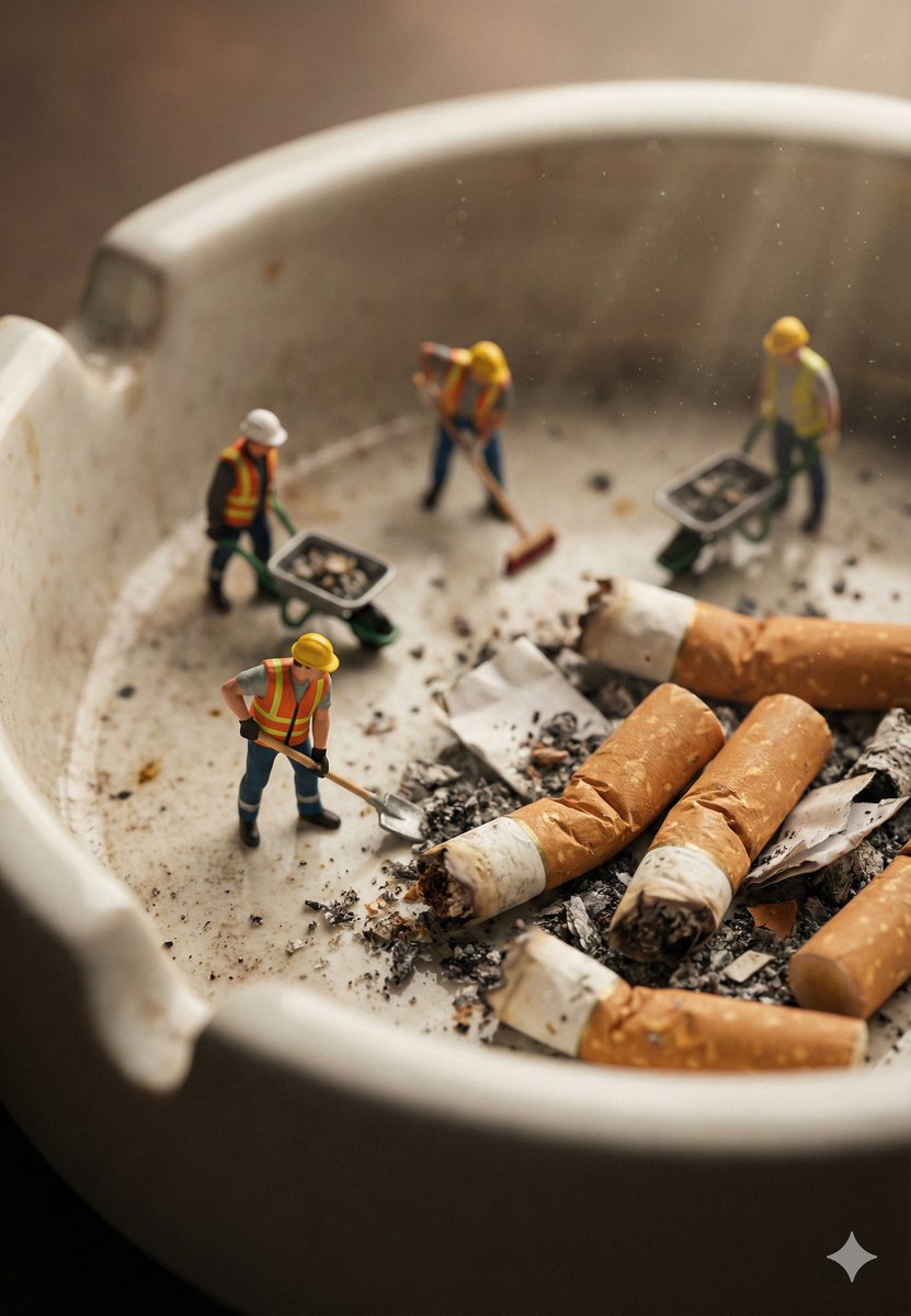 Macro Photography of Miniature Workers Cleaning Ashtray