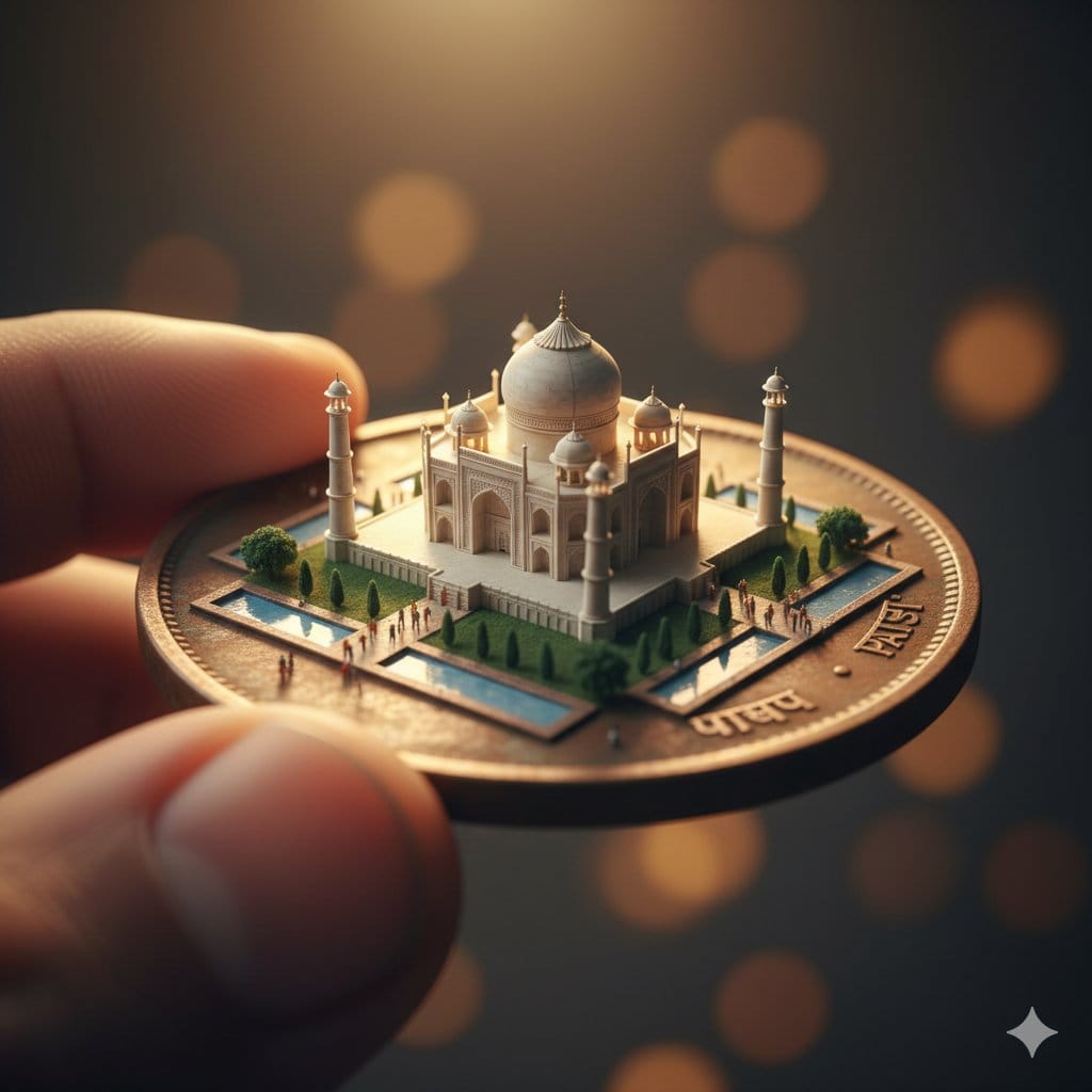 Macro Realism: Miniature Taj Mahal on a Vintage Indian Coin - نص توجيهي للذكاء الاصطناعي