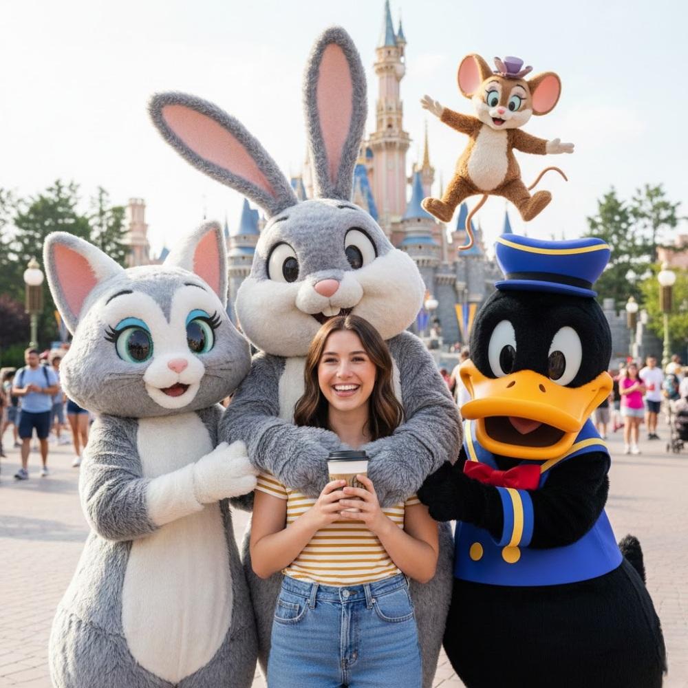 Magical Theme Park Portrait with Mascot Characters - Prompt IA