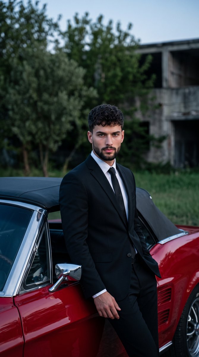 Preview image for Man Leaning on Classic Red Muscle Car prompt