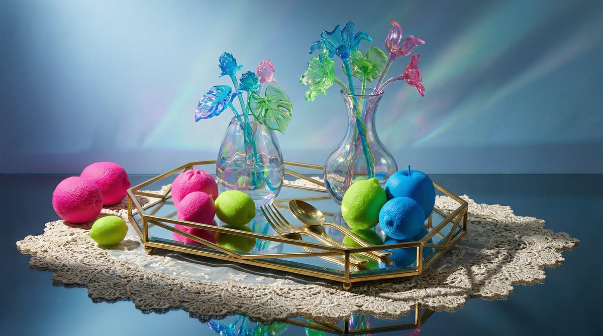 Preview image for Maximalist Tabletop Arrangement Product Photography prompt