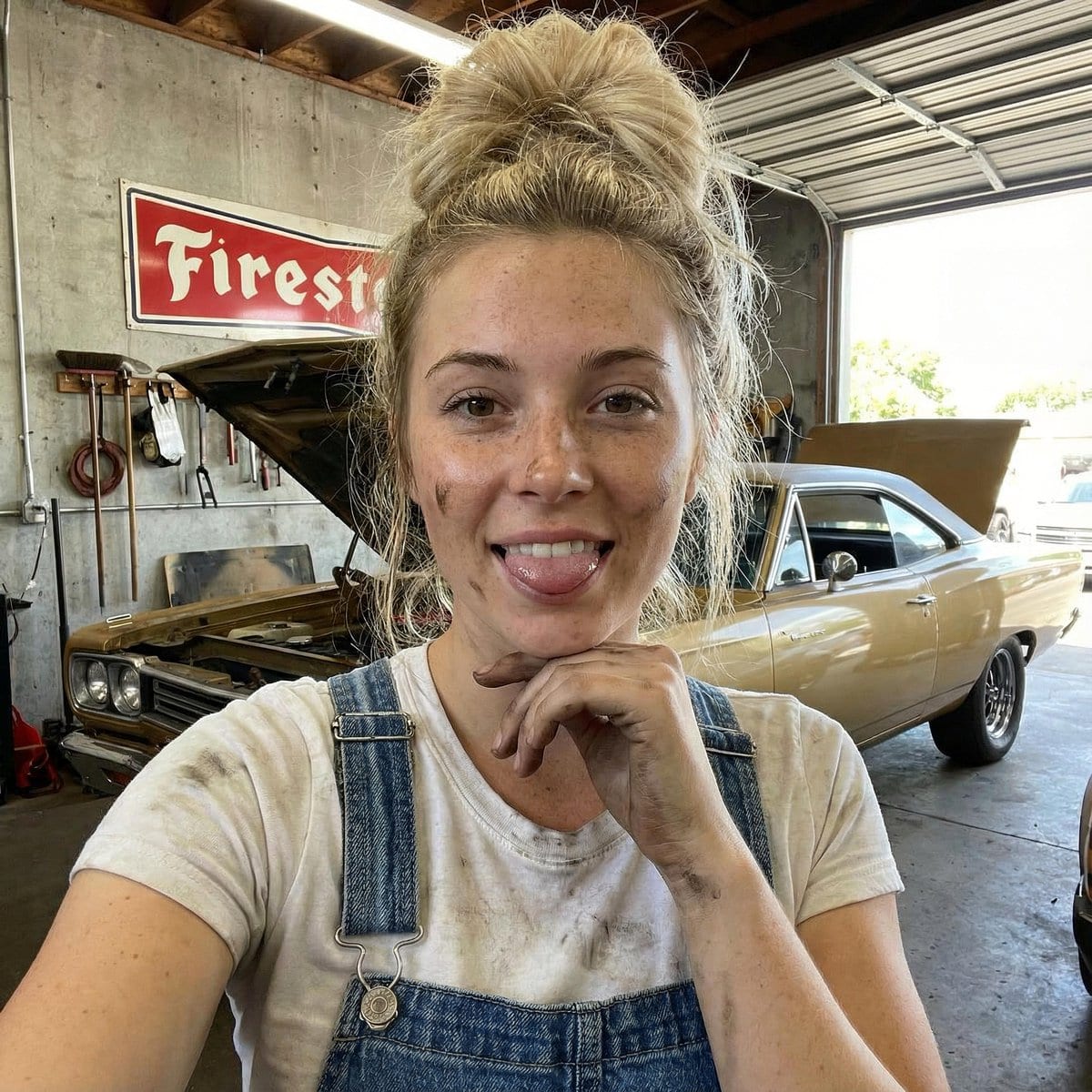 Mechanic Garage Selfie with iPhone 17 Pro Max Specs (JSON) - AI提示詞