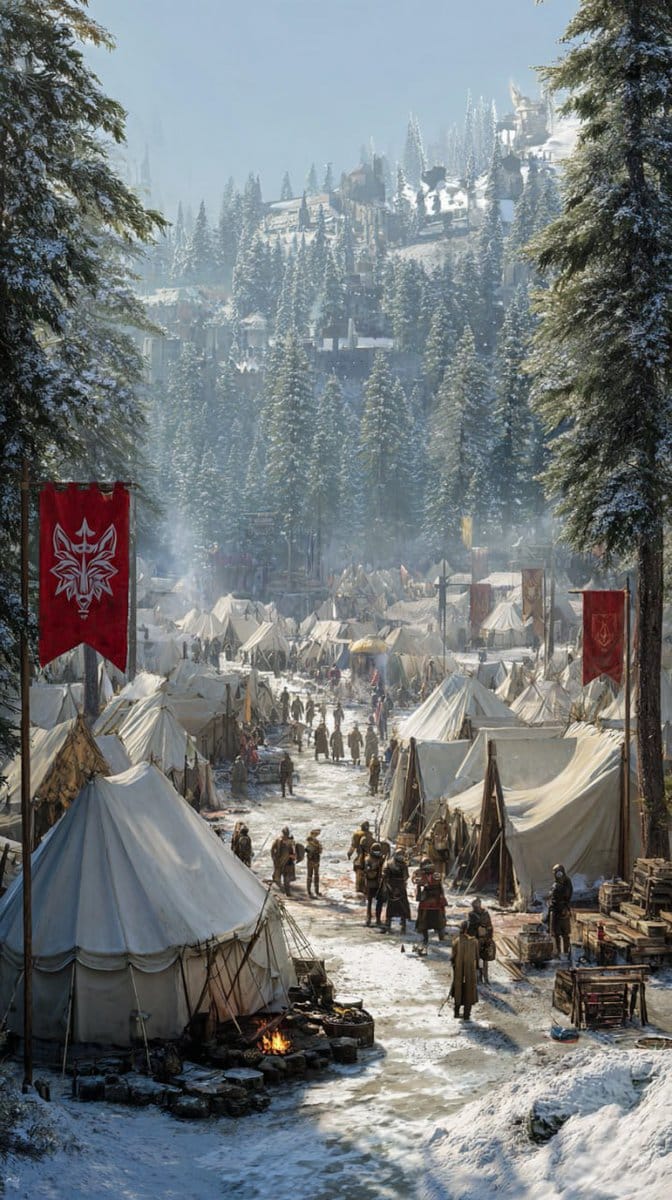 Medieval Fantasy Army Camp Scene - AI提示词