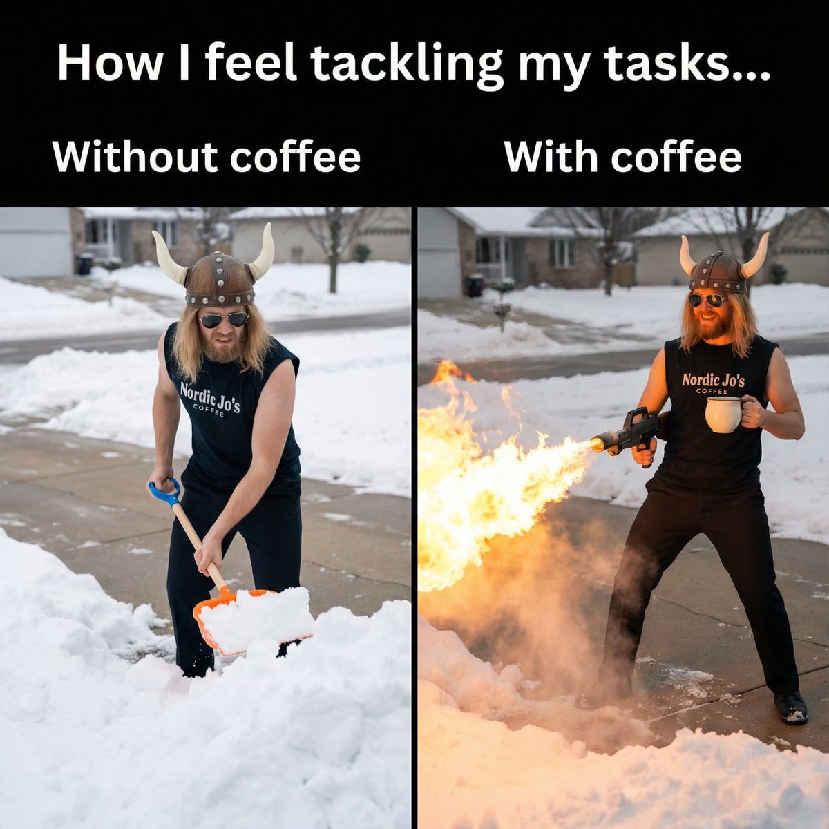 Meme: Shoveling Snow with/without Coffee - Prompt IA
