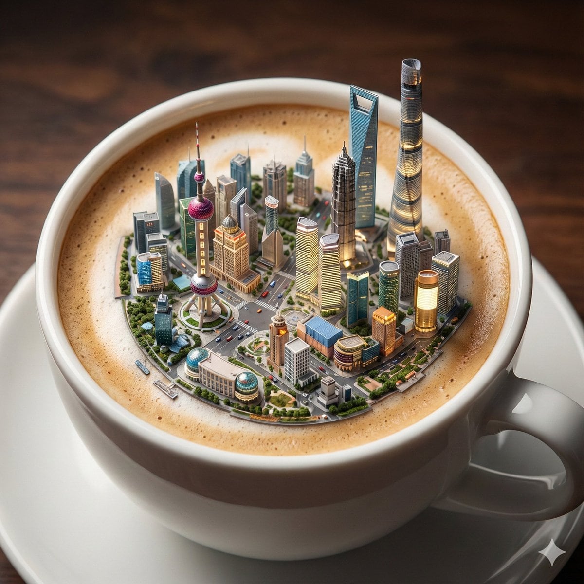 Micro City Floating on Coffee Foam - AI Generated 3d Style Image Example
