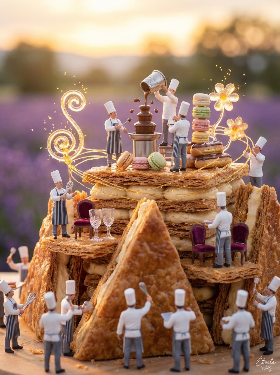 Micro Diorama of Chefs Building a French Patisserie - AIプロンプト