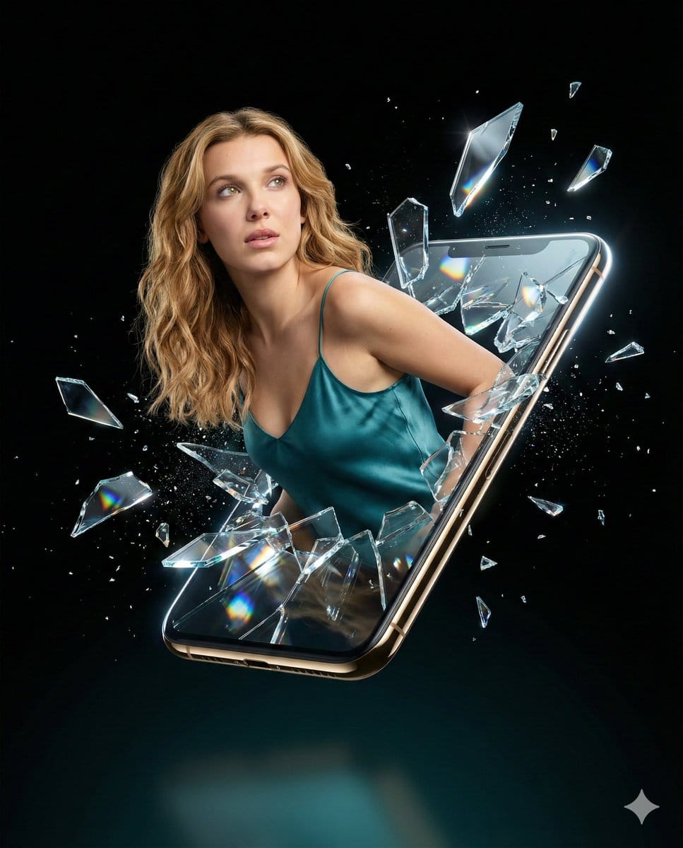 Millie Bobby Brown Portrait with Exploding Glass Shards - AI Generated Character Style Image