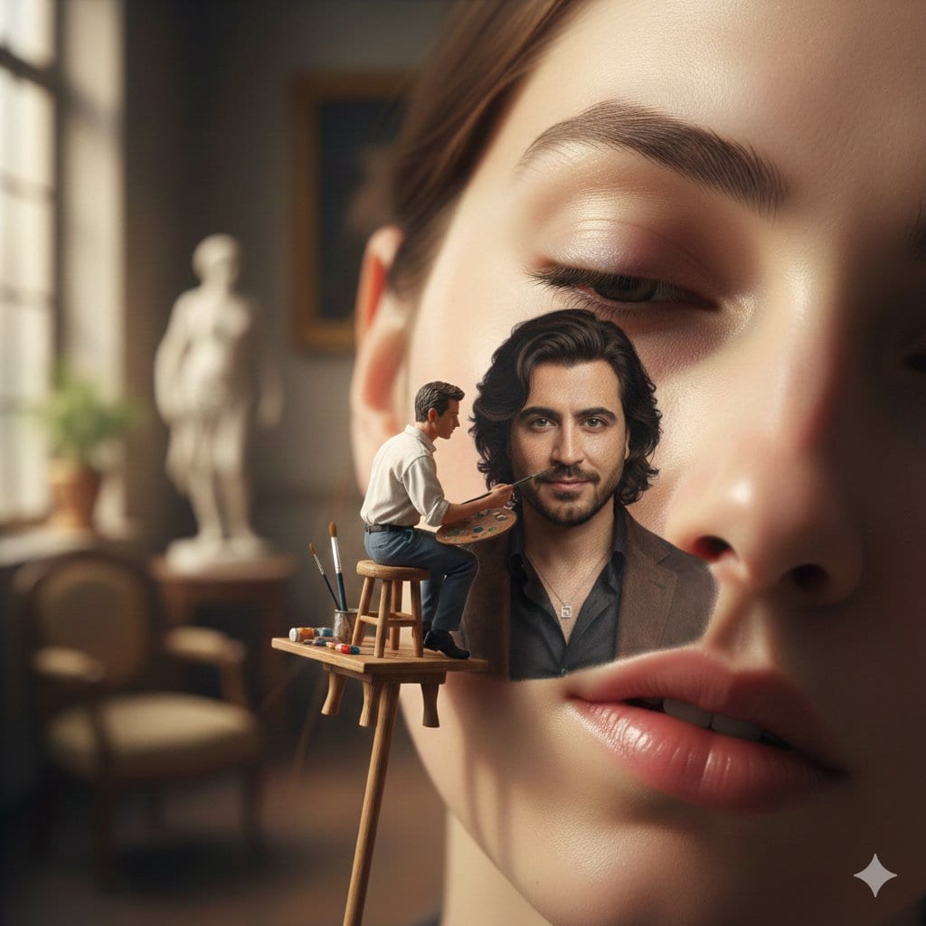 Miniature Artist Painting on a Giant Face Prompt - Prompt IA