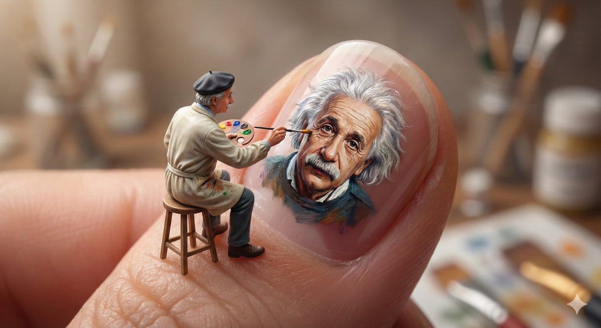 Miniature Artist Painting on a Giant Fingernail - AI Generated Realistic Style Image