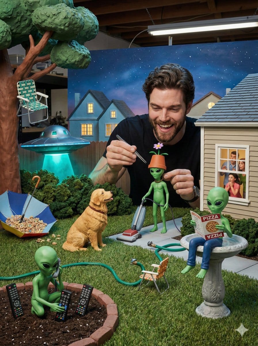 Miniature Diorama of Confused Alien in a Suburban Backyard - AI Generated AI Art Style Image
