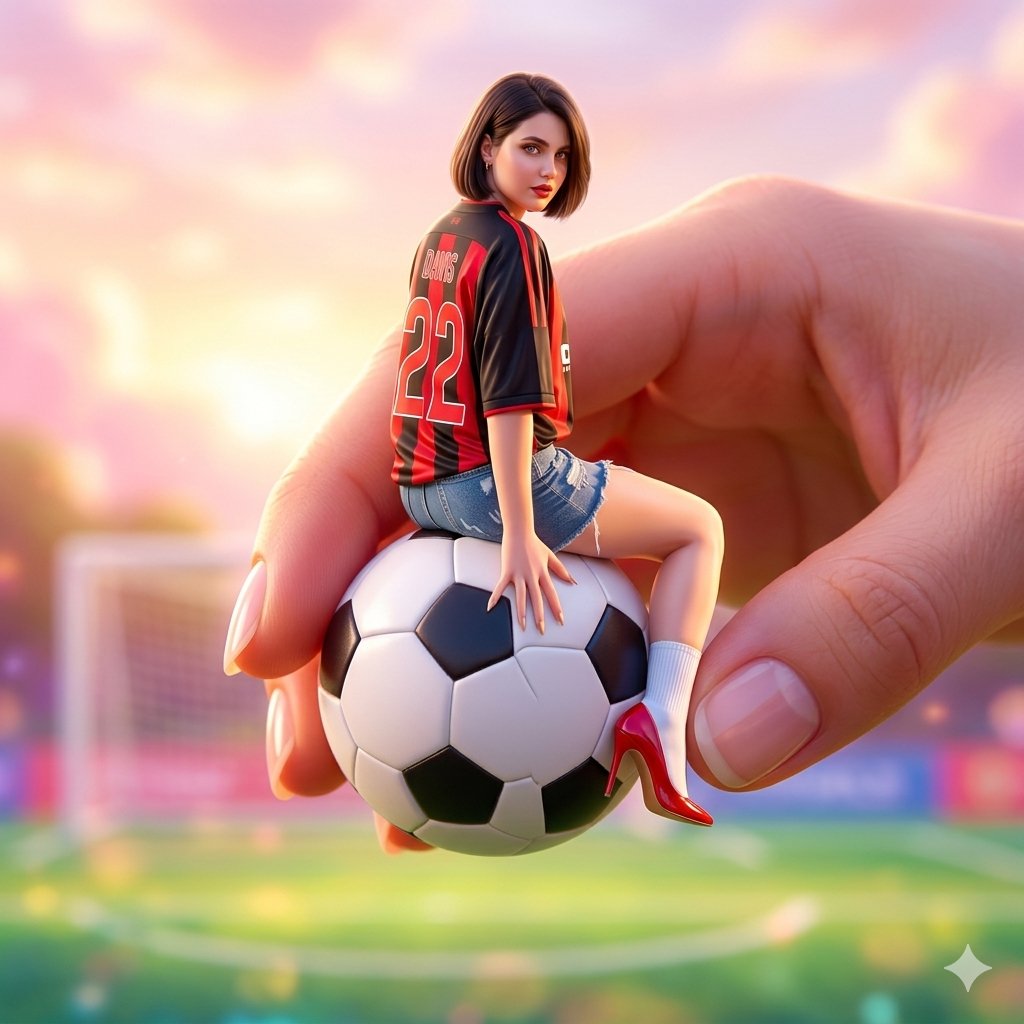 Miniature Fashionable Girl on Soccer Ball - AI Art AI Generated Artwork