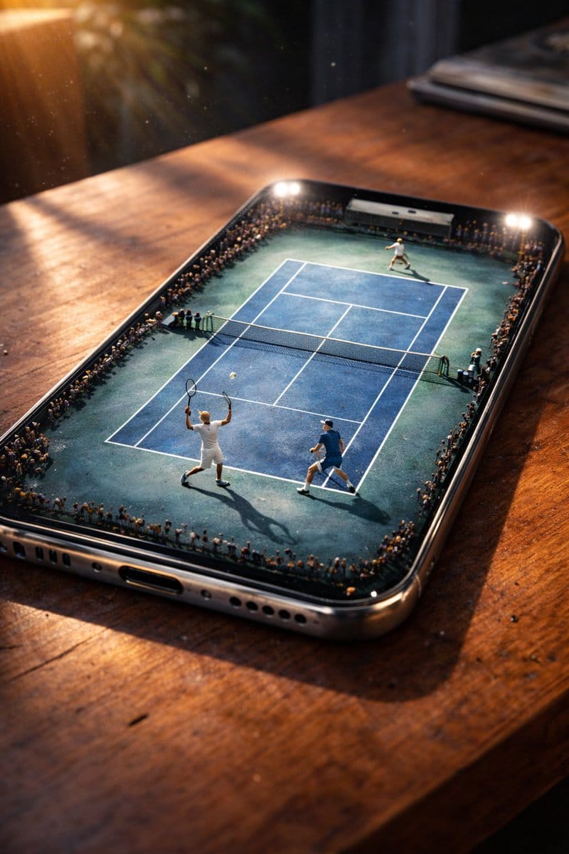 Miniature Tennis Court on Smartphone Screen - KI-Prompt