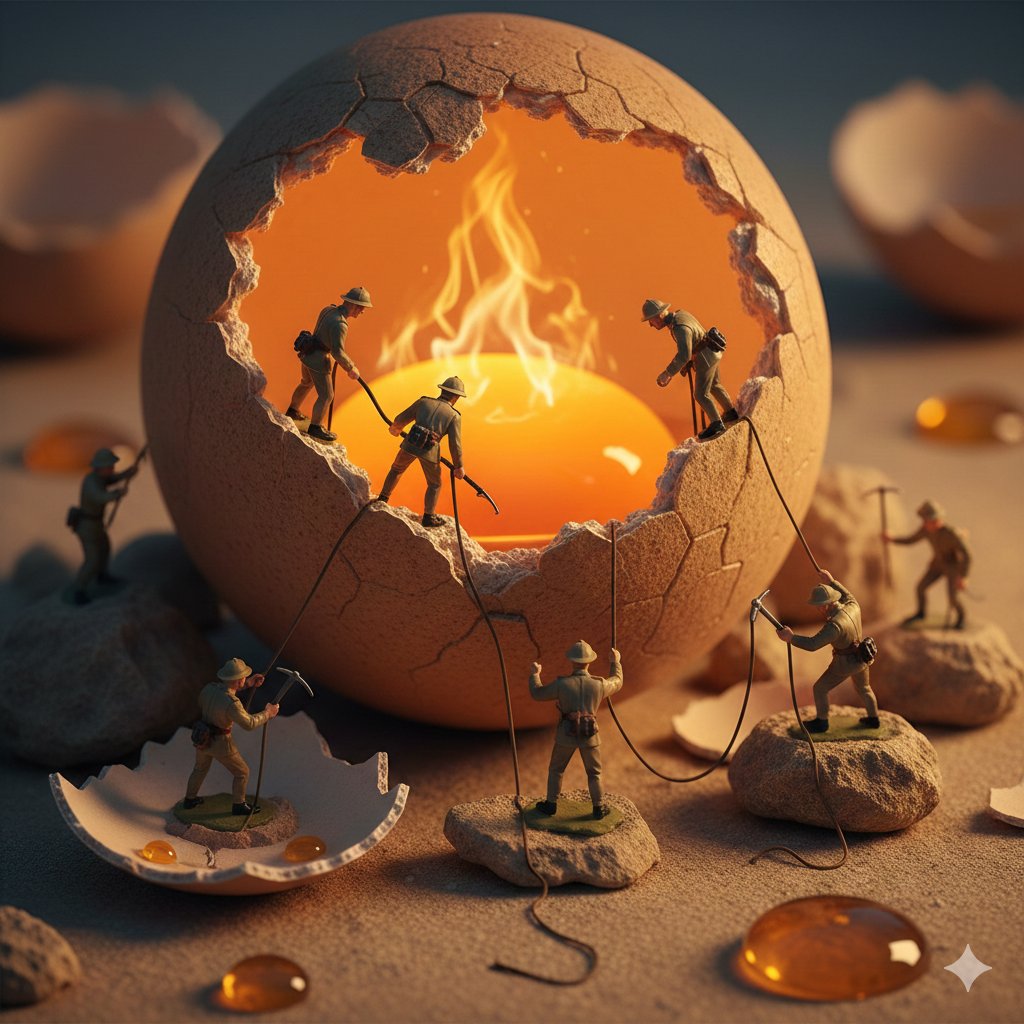 Preview image for Miniature Toy Soldiers on a Giant Eggshell prompt