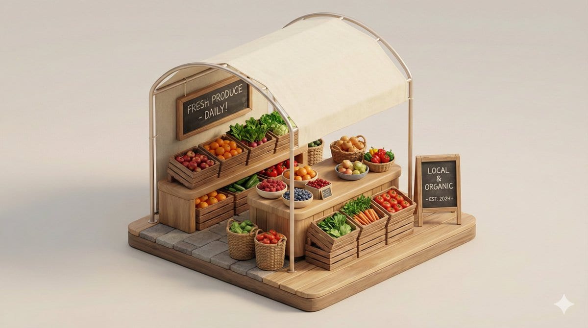 Minimal 3D Isometric Urban Retail Kiosk Diorama - نص توجيهي للذكاء الاصطناعي