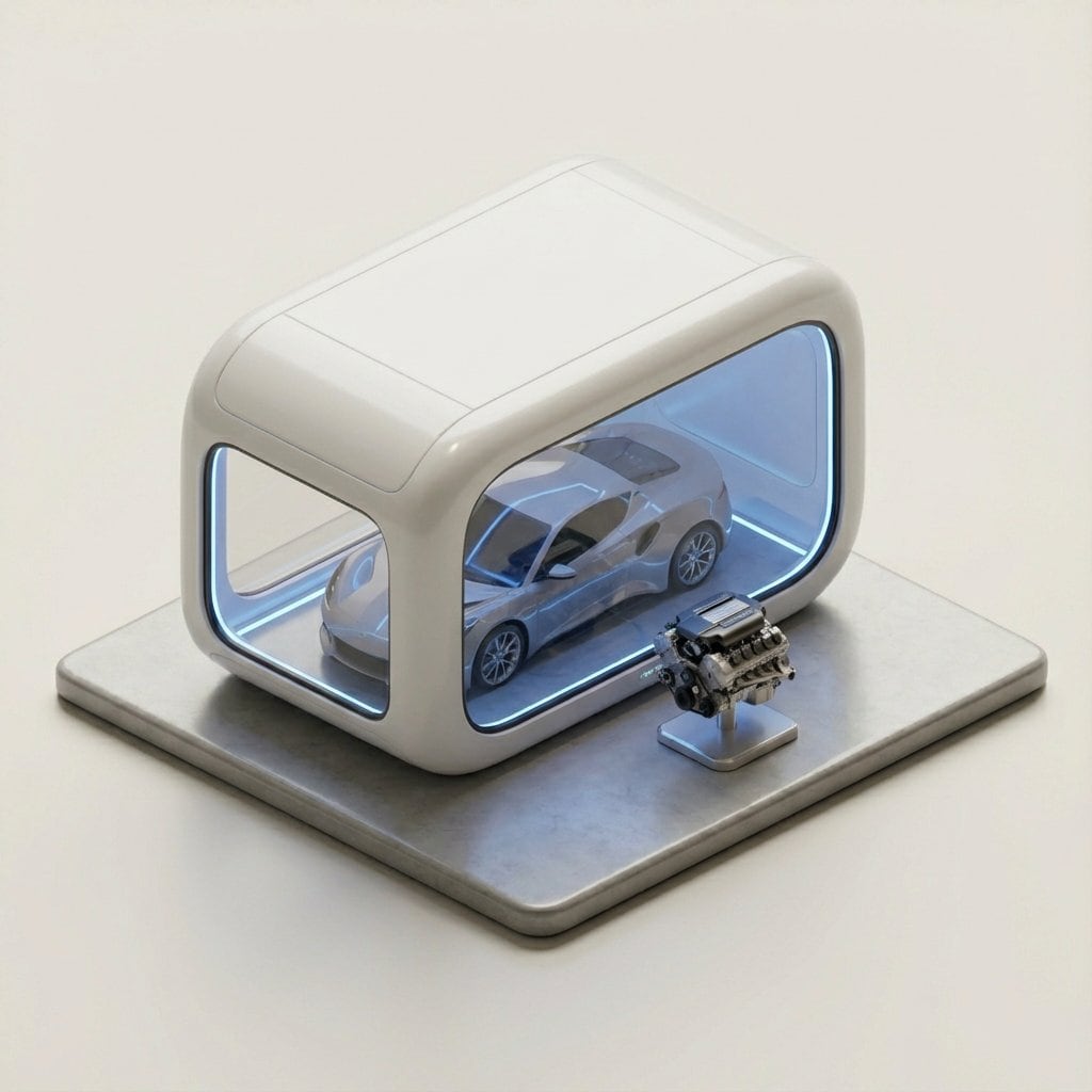 Minimalist 3D Isometric Car Showroom Model - نص توجيهي للذكاء الاصطناعي