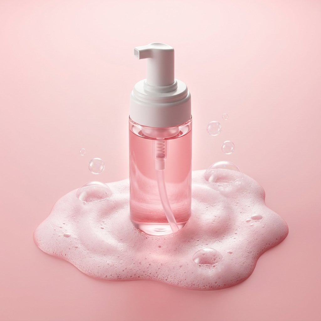 Minimalist Skincare Product Photography with Bubbles - AI Generated Realistic Style Image Example