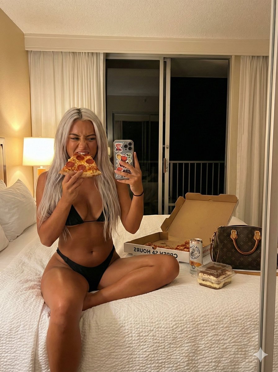 Preview image for Mirror Selfie While Eating Pizza in a Hotel Room prompt