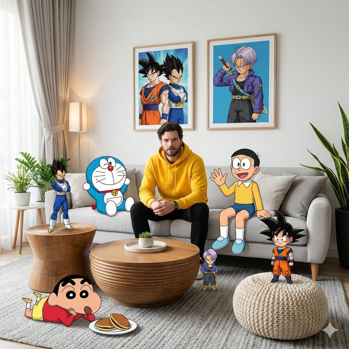 Mixed-Media Anime and Reality Living Room Scene Prompt - AI Generated Anime Style Image Example