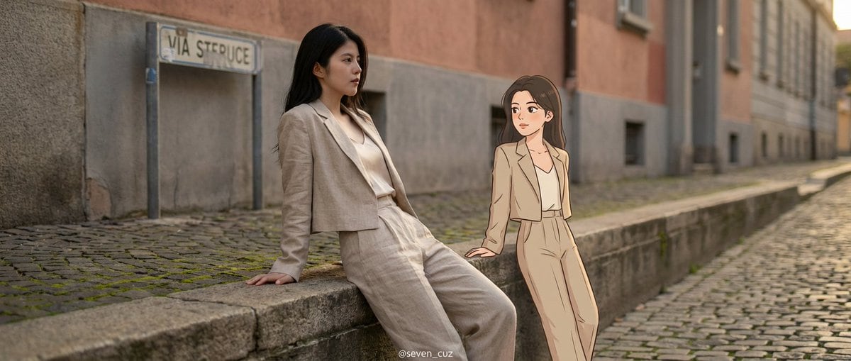 Mixed-Media Crossover Portrait (Real and Cartoon) - AIプロンプト