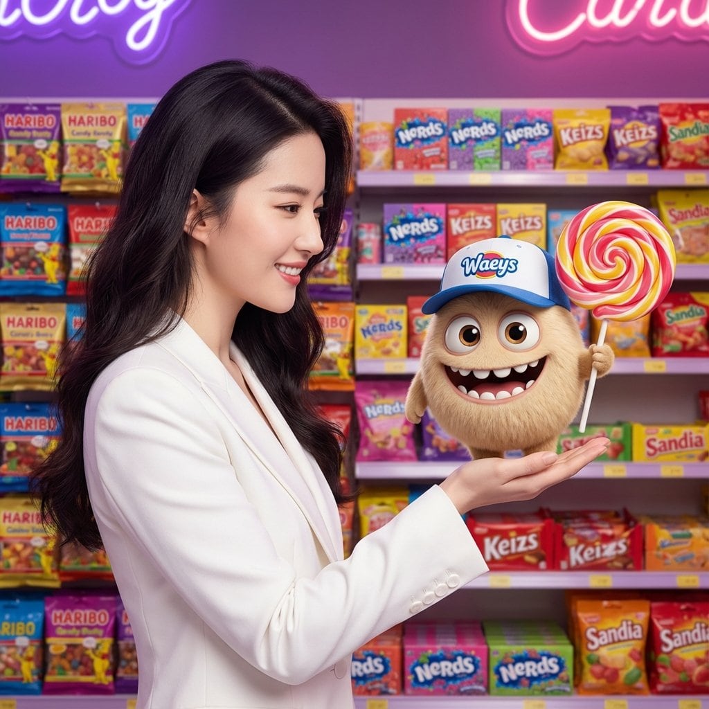 Mixed-Media Portrait with CGI Mascot in Candy Store - Prompt IA